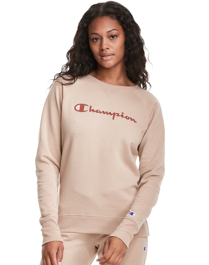 Champion Womens Sweatshirt NZ - Powerblend Fleece Classic Crew Script Logo Khaki ( 1532-HEFBV )